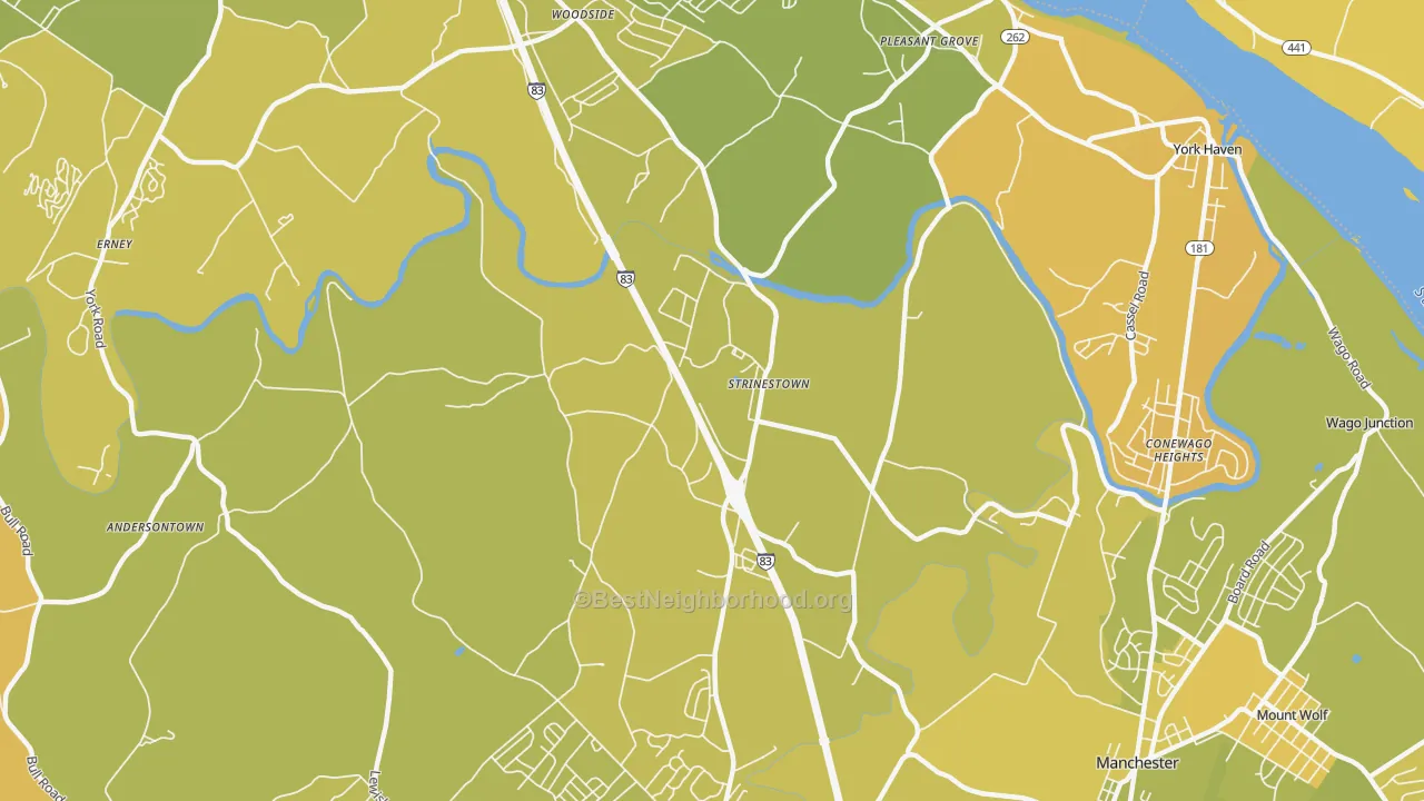 Map of the best neighborhoods in the Strinestown area, with better matches in green and worse matches in red