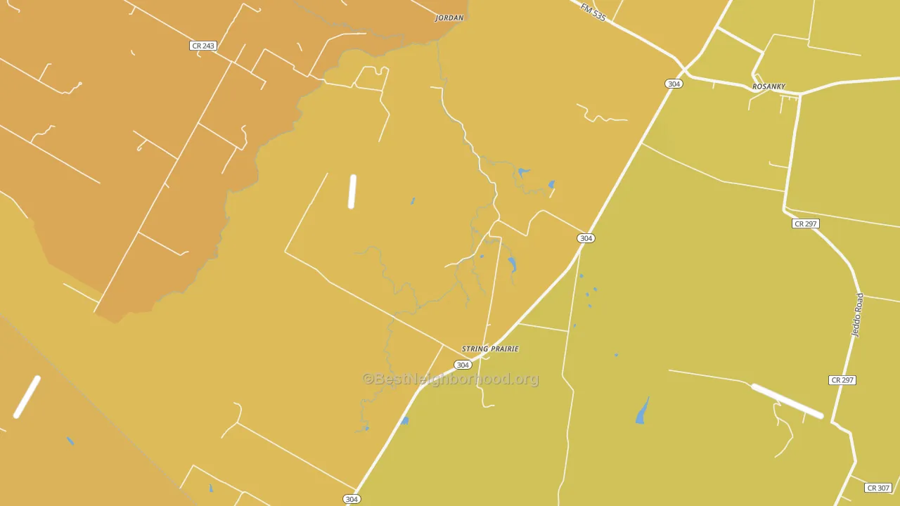 Map of the best neighborhoods in the String Prairie area, with better matches in green and worse matches in red
