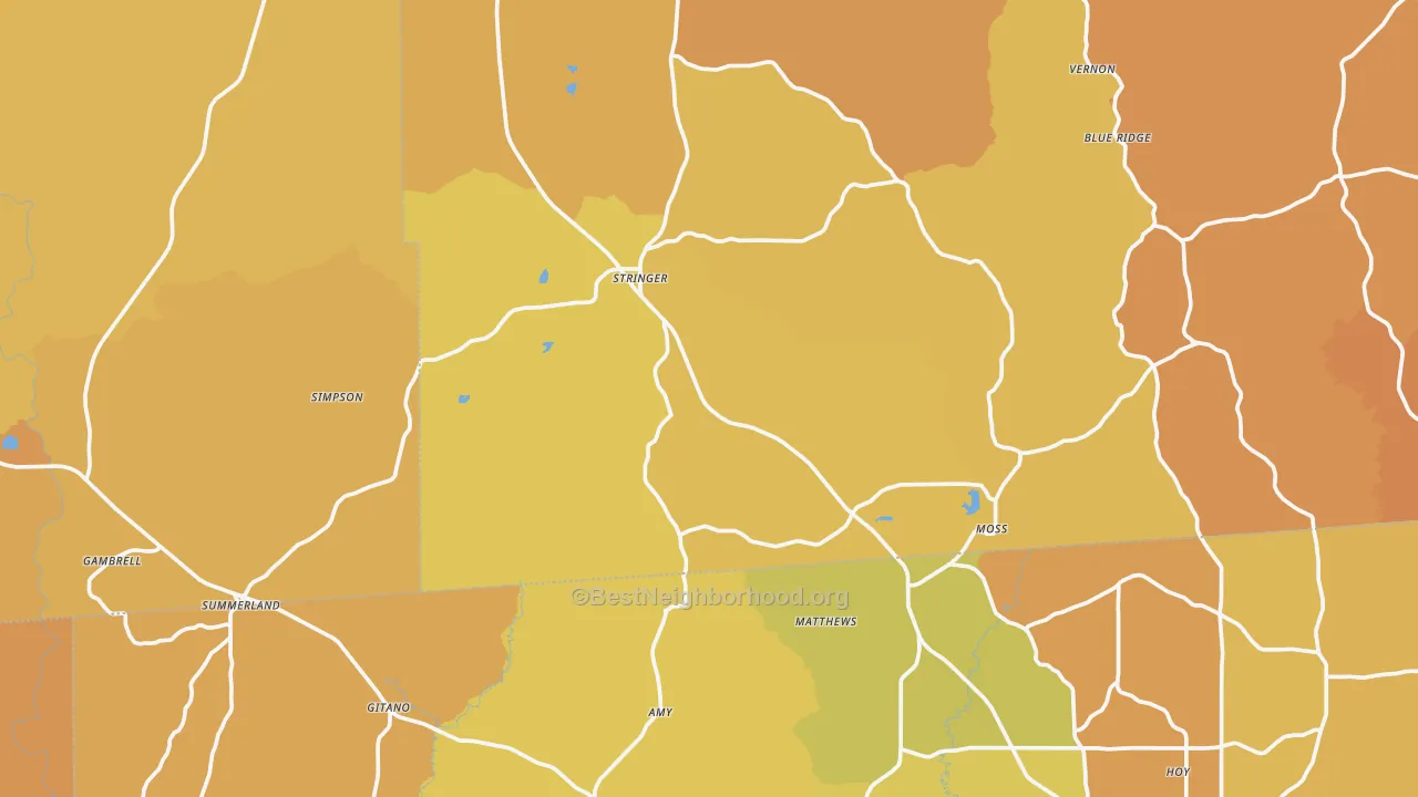 Map of the best neighborhoods in the Stringer area, with better matches in green and worse matches in red