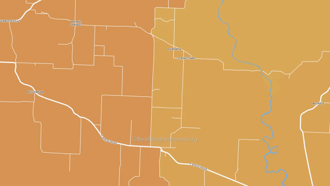Map of the best neighborhoods in the Stringtown area, with better matches in green and worse matches in red