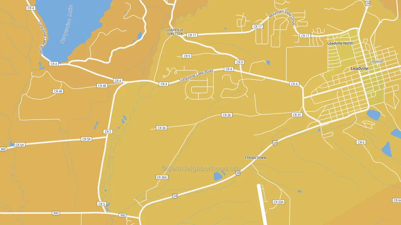 Map of the best neighborhoods in the Stringtown area, with better matches in green and worse matches in red