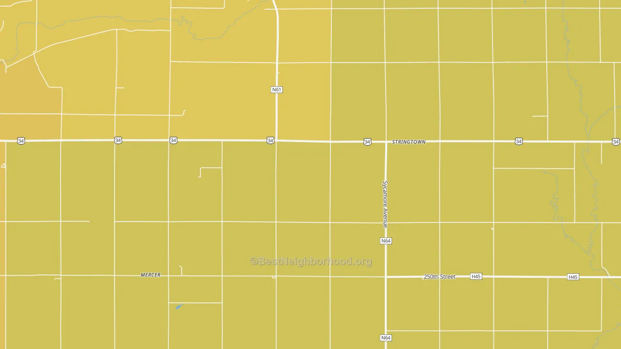 Map of the best neighborhoods in the Stringtown area, with better matches in green and worse matches in red