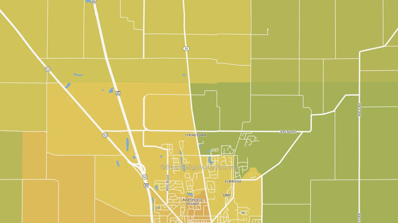 Map of the best neighborhoods in the Stringtown area, with better matches in green and worse matches in red