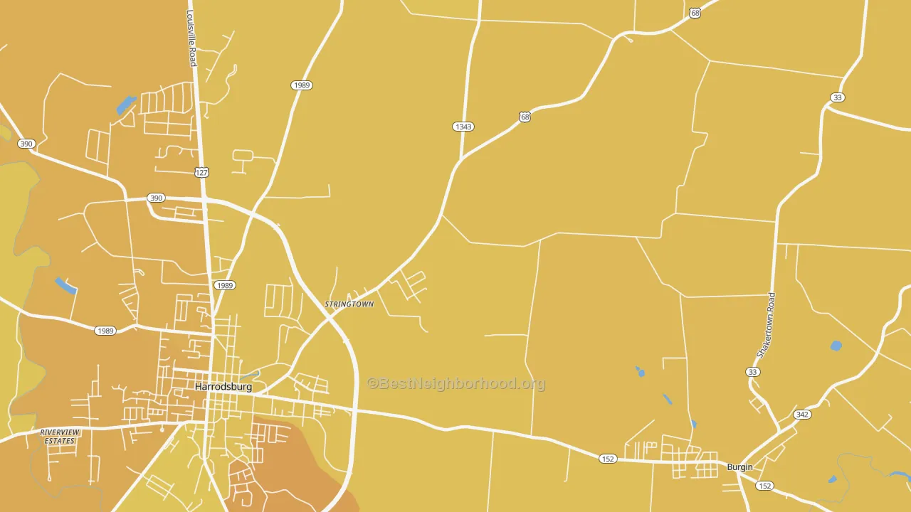 Map of the best neighborhoods in the Stringtown area, with better matches in green and worse matches in red