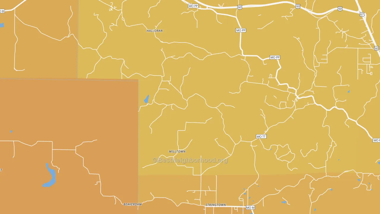 Map of the best neighborhoods in the Stringtown area, with better matches in green and worse matches in red