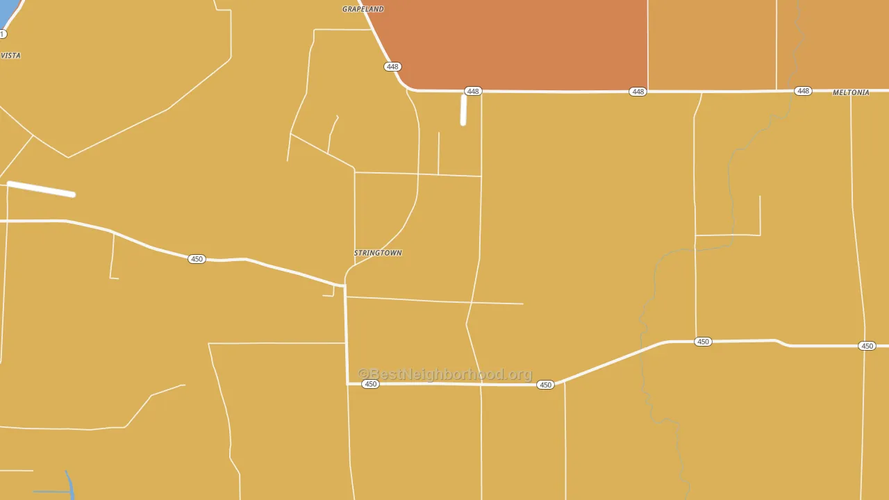 Map of the best neighborhoods in the Stringtown area, with better matches in green and worse matches in red
