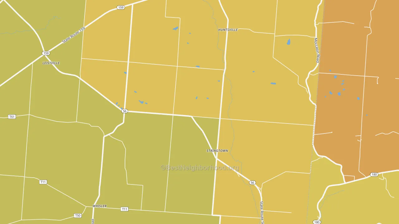 Map of the best neighborhoods in the Stringtown area, with better matches in green and worse matches in red