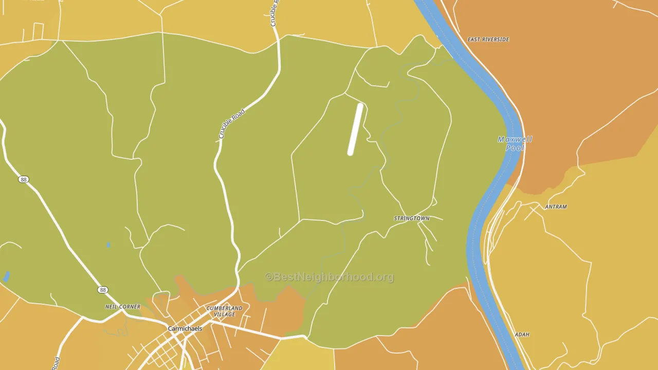 Map of the best neighborhoods in the Stringtown area, with better matches in green and worse matches in red