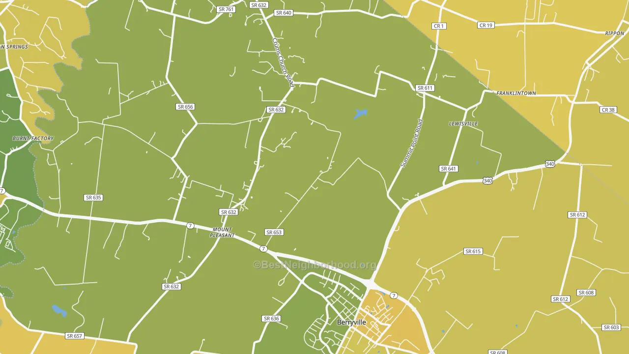 Map of the best neighborhoods in the Stringtown area, with better matches in green and worse matches in red