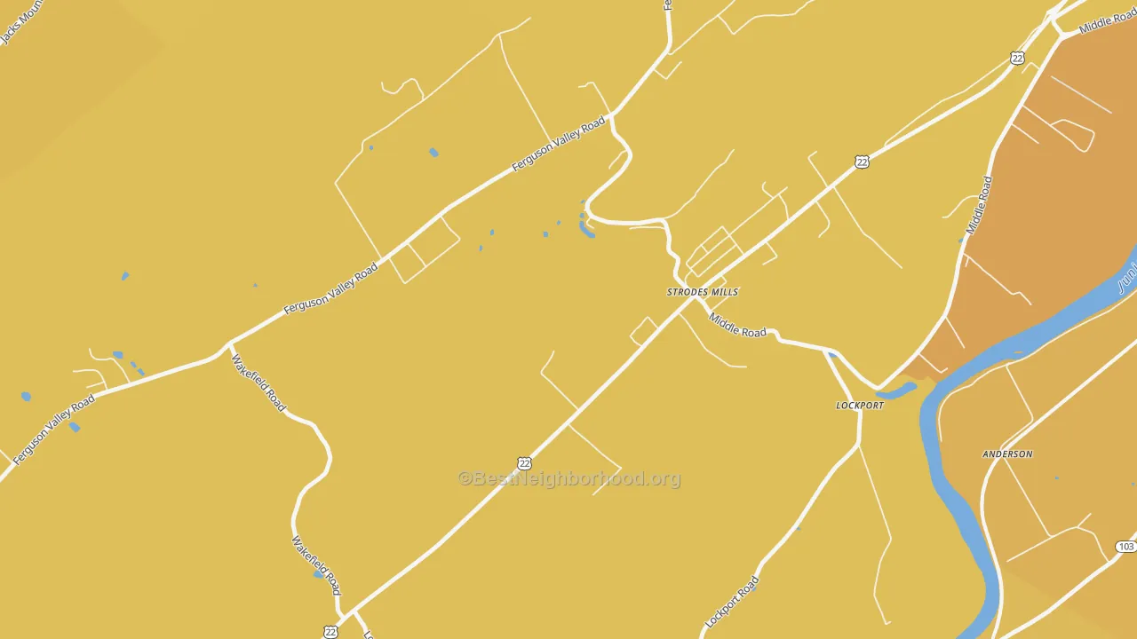 Map of the best neighborhoods in the Strodes Mills area, with better matches in green and worse matches in red