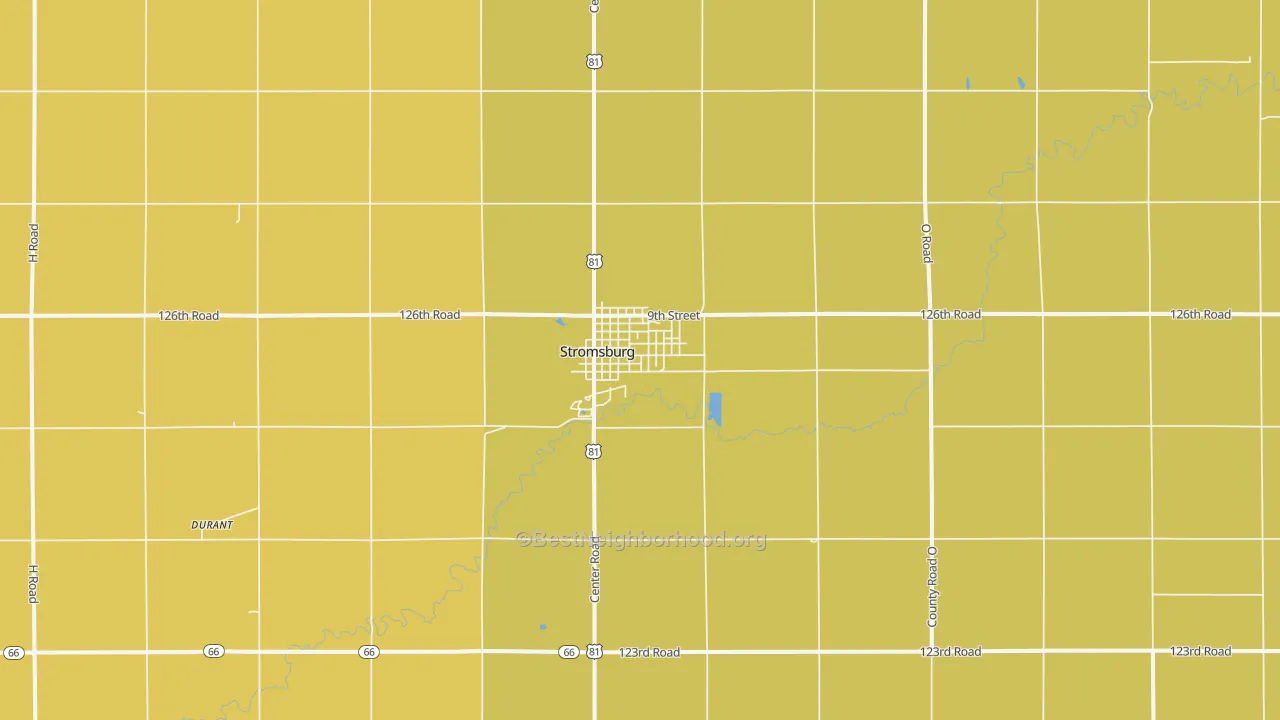 Map of the best neighborhoods in the Stromsburg area, with better matches in green and worse matches in red
