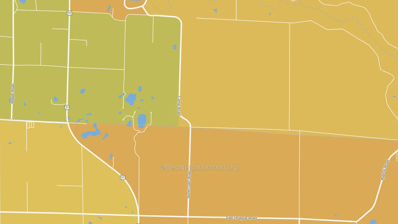 Map of the best neighborhoods in the Stronach area, with better matches in green and worse matches in red