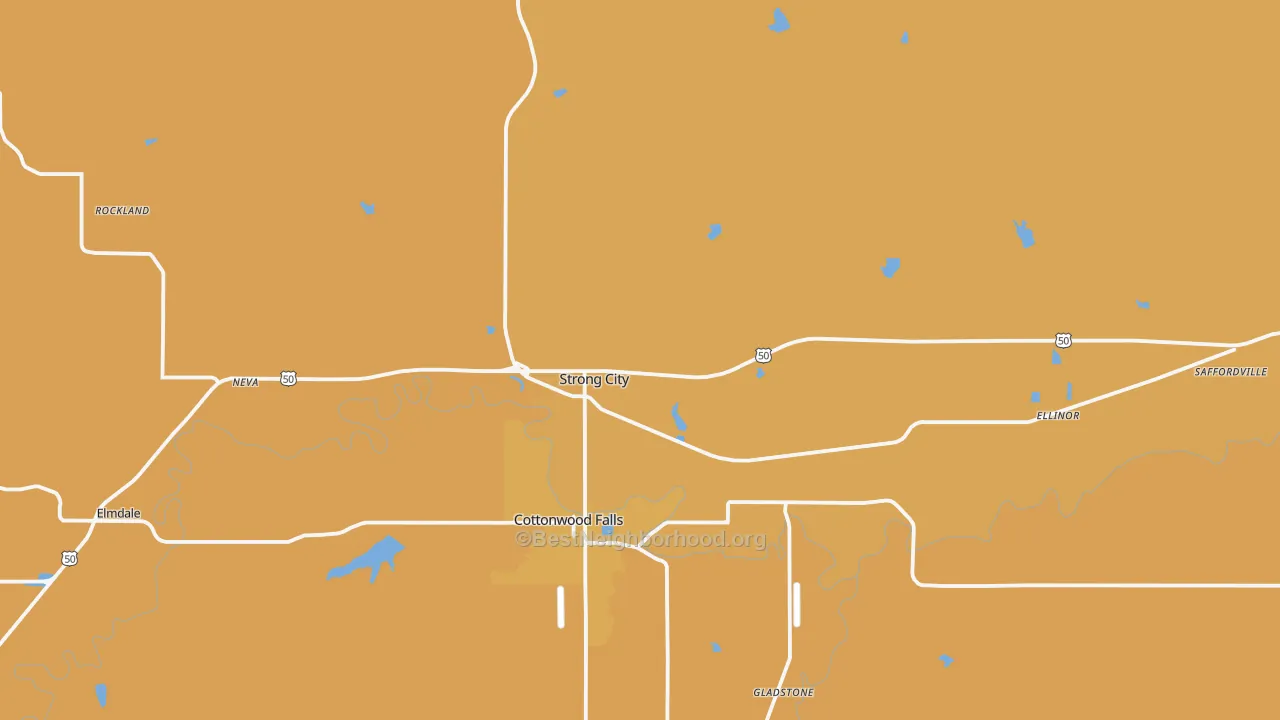Map of the best neighborhoods in the Strong City area, with better matches in green and worse matches in red