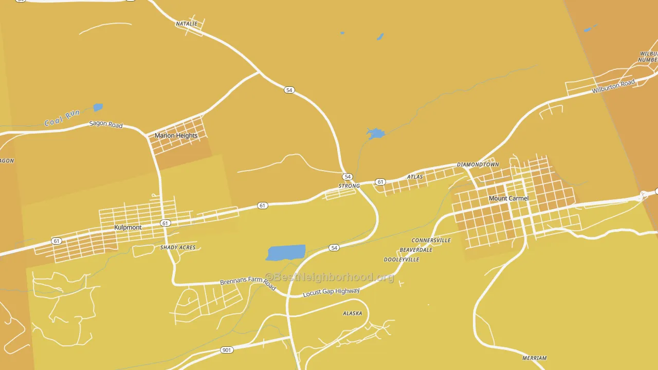 Map of the best neighborhoods in the Strong area, with better matches in green and worse matches in red