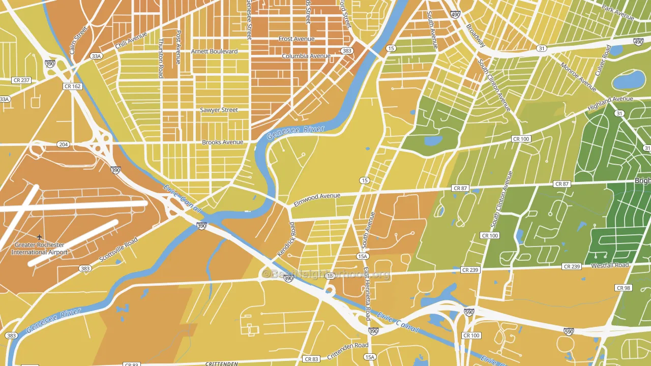 Map of the best neighborhoods in the Strong, Rochester area, with better matches in green and worse matches in red