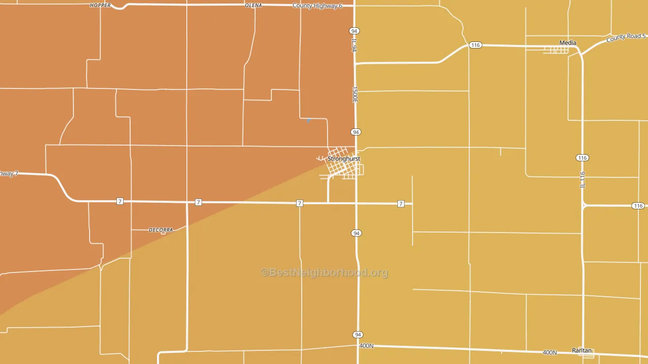 Map of the best neighborhoods in the Stronghurst area, with better matches in green and worse matches in red