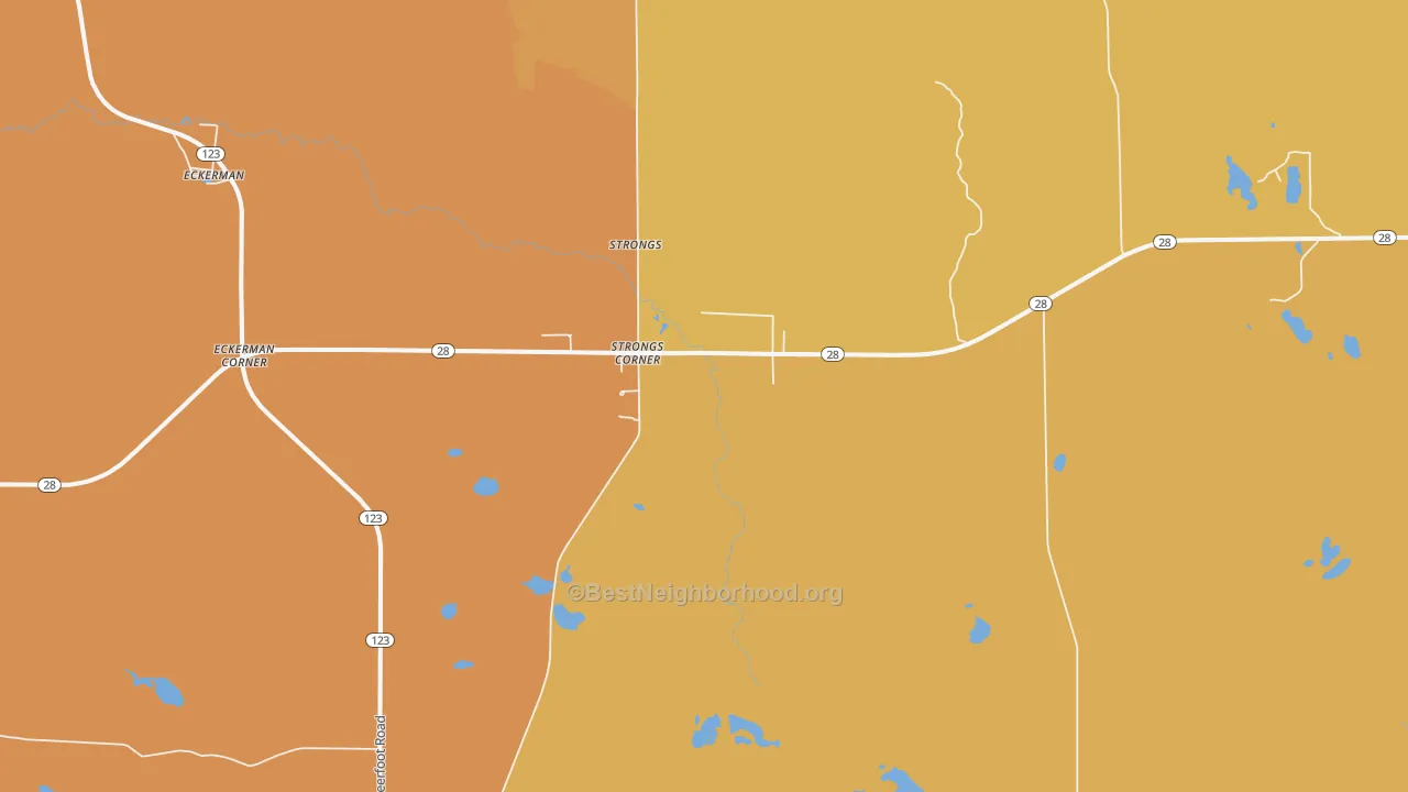 Map of the best neighborhoods in the Strongs Corner area, with better matches in green and worse matches in red