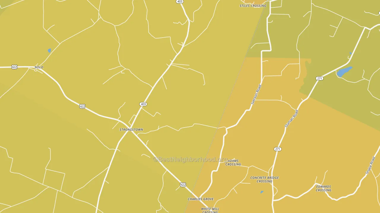 Map of the best neighborhoods in the Strongstown area, with better matches in green and worse matches in red