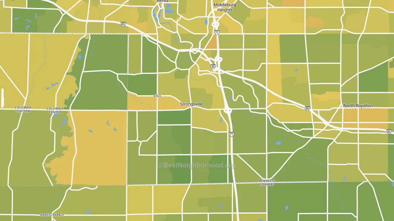 Map of the best neighborhoods in the Strongsville area, with better matches in green and worse matches in red