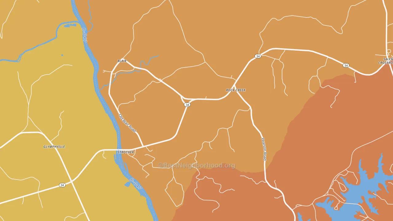 Map of the best neighborhoods in the Strother area, with better matches in green and worse matches in red