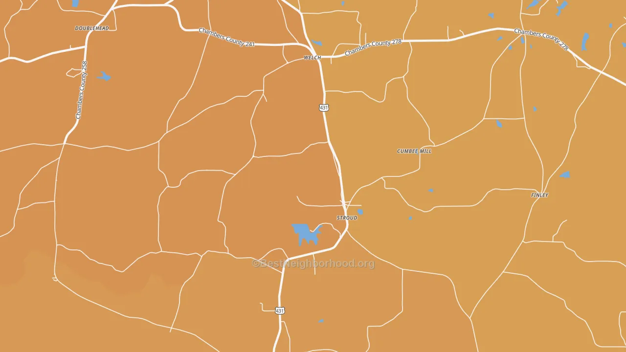 Map of the best neighborhoods in the Stroud area, with better matches in green and worse matches in red