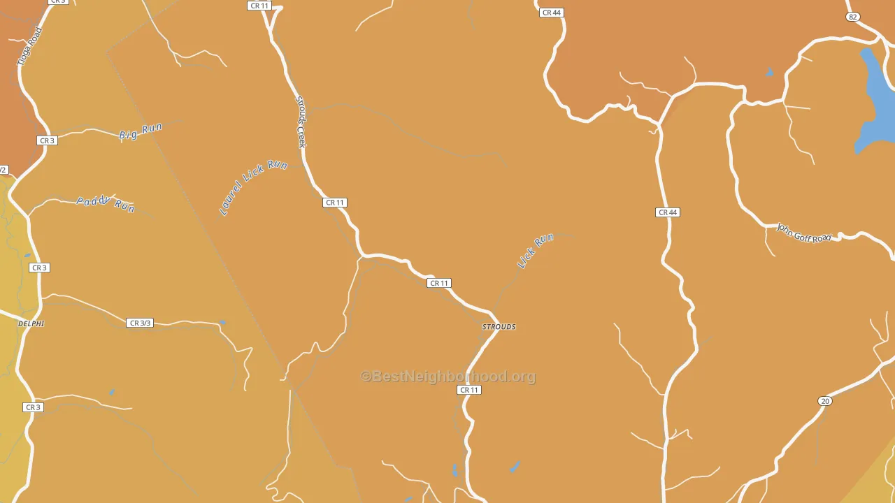 Map of the best neighborhoods in the Strouds area, with better matches in green and worse matches in red