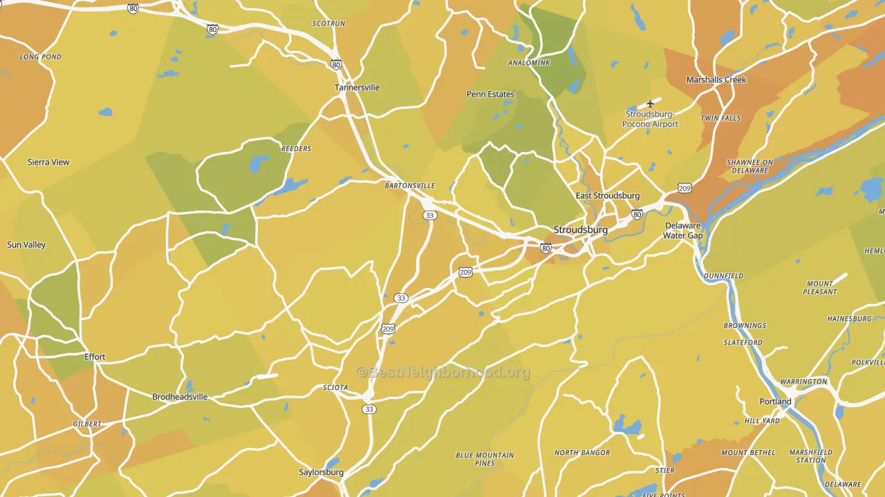 Map of the best neighborhoods in the Stroudsburg area, with better matches in green and worse matches in red