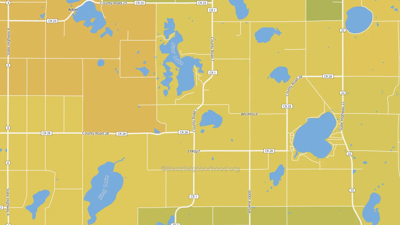 Map of the best neighborhoods in the Strout area, with better matches in green and worse matches in red