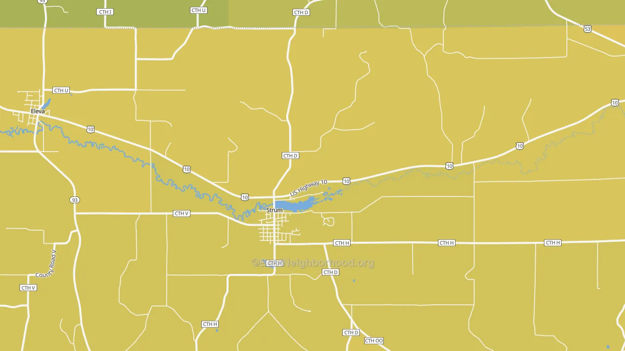 Map of the best neighborhoods in the Strum area, with better matches in green and worse matches in red