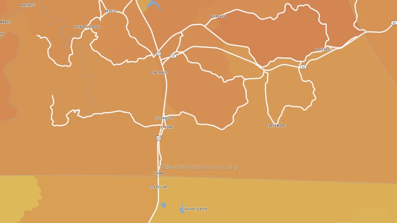 Map of the best neighborhoods in the Strunk area, with better matches in green and worse matches in red