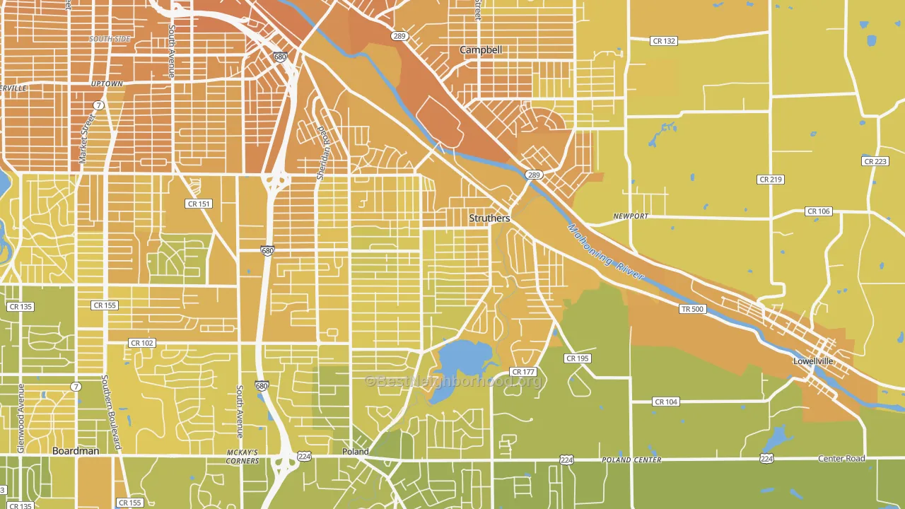 Map of the best neighborhoods in the Struthers area, with better matches in green and worse matches in red