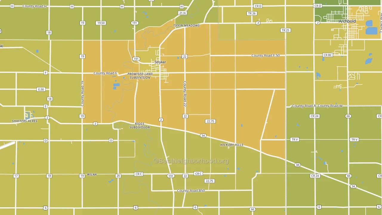Map of the best neighborhoods in the Stryker area, with better matches in green and worse matches in red