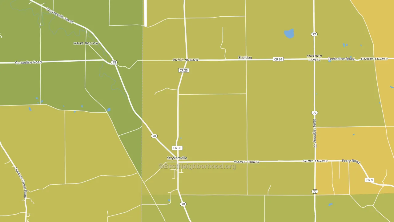 Map of the best neighborhoods in the Strykersville area, with better matches in green and worse matches in red