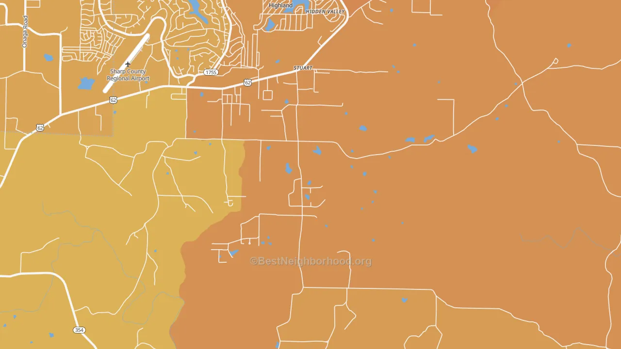 Map of the best neighborhoods in the Stuart area, with better matches in green and worse matches in red