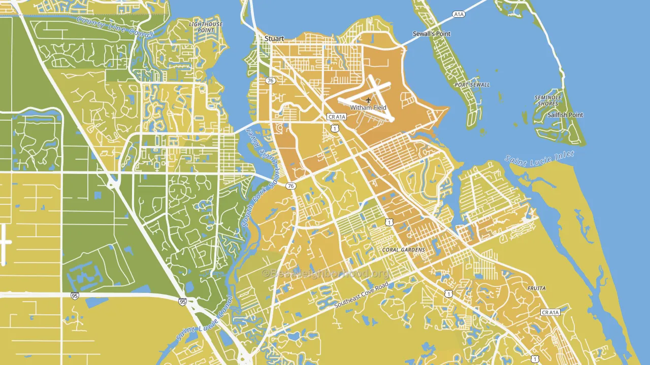 Map of the best neighborhoods in the Stuart area, with better matches in green and worse matches in red