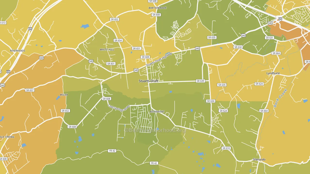 Map of the best neighborhoods in the Stuarts Draft area, with better matches in green and worse matches in red