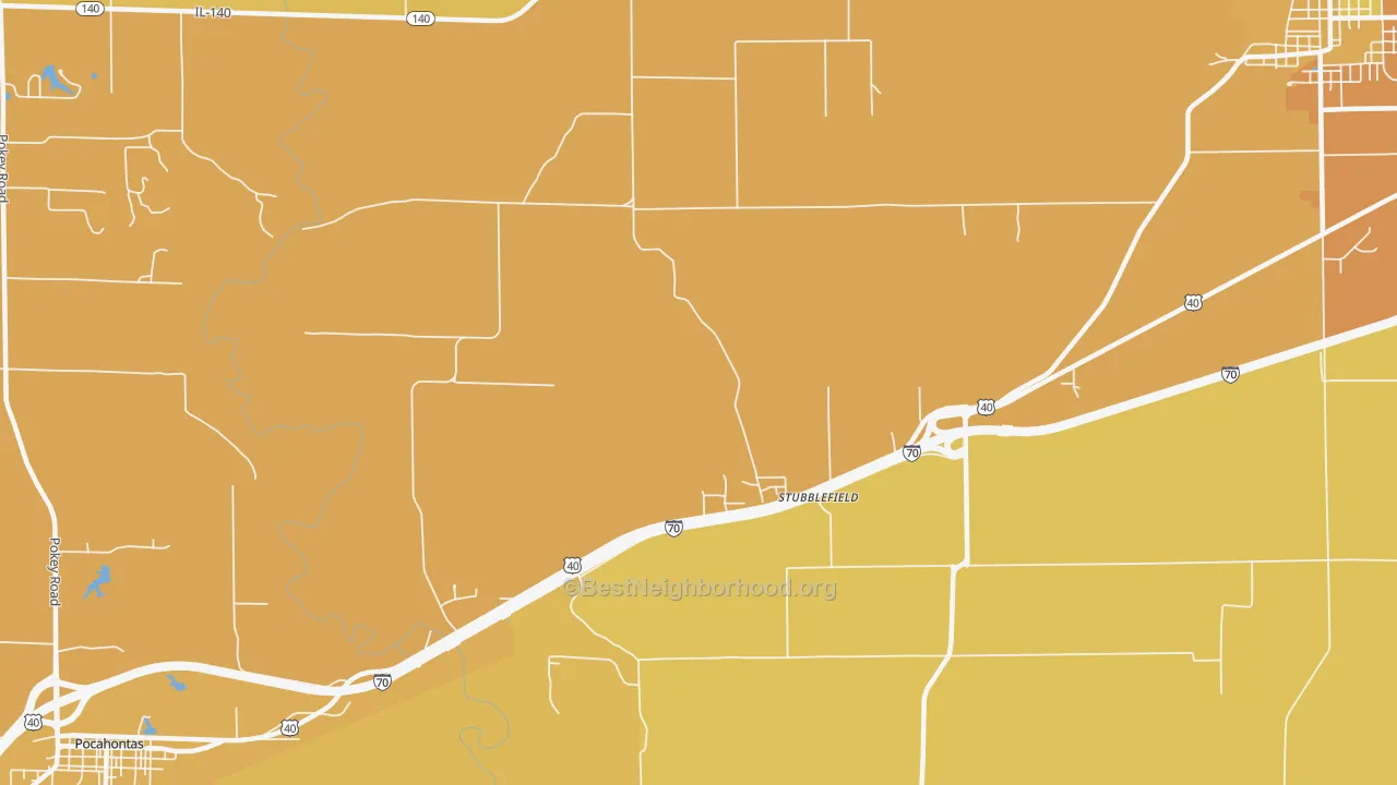 Map of the best neighborhoods in the Stubblefield area, with better matches in green and worse matches in red