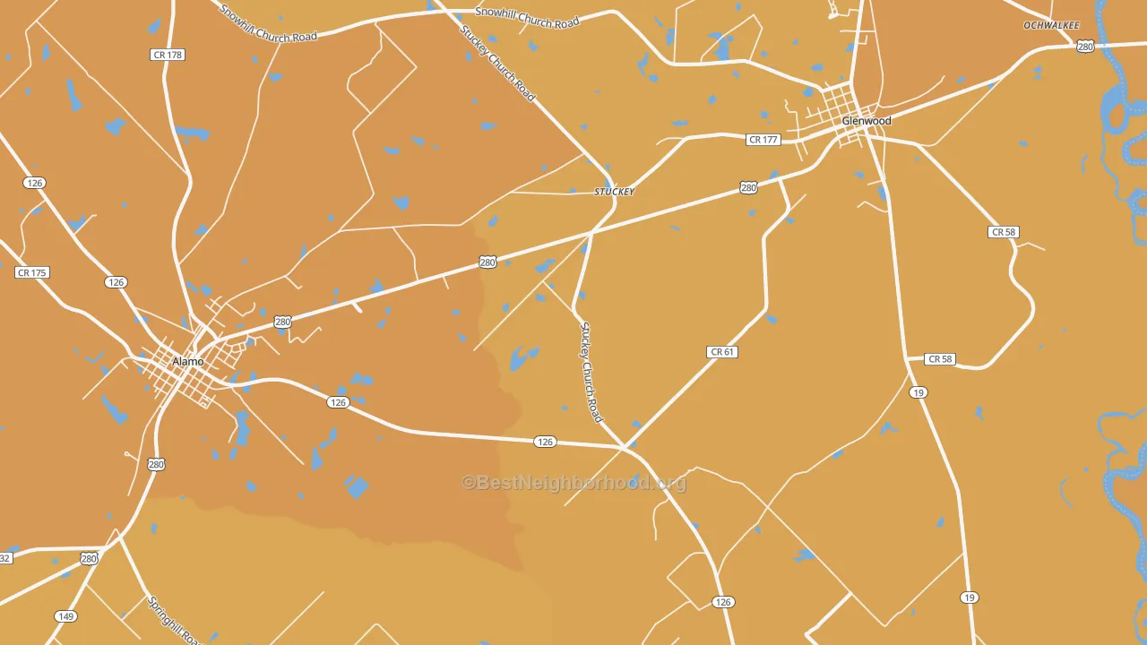 Map of the best neighborhoods in the Stuckey area, with better matches in green and worse matches in red