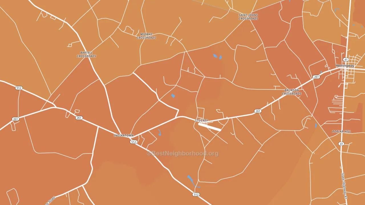 Map of the best neighborhoods in the Stuckey area, with better matches in green and worse matches in red