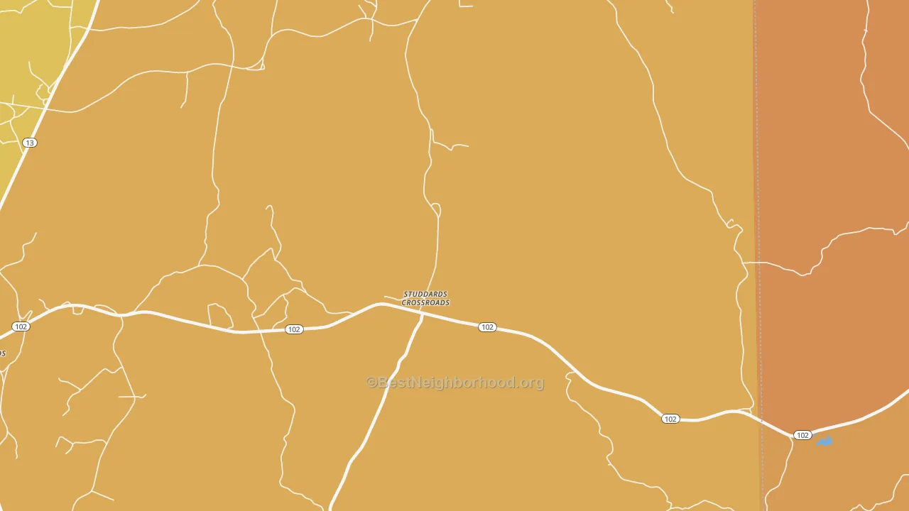 Map of the best neighborhoods in the Studdards Crossroads area, with better matches in green and worse matches in red