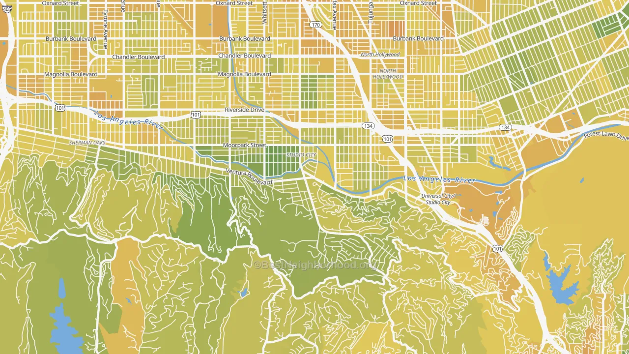 Map of the best neighborhoods in the Studio City area, with better matches in green and worse matches in red