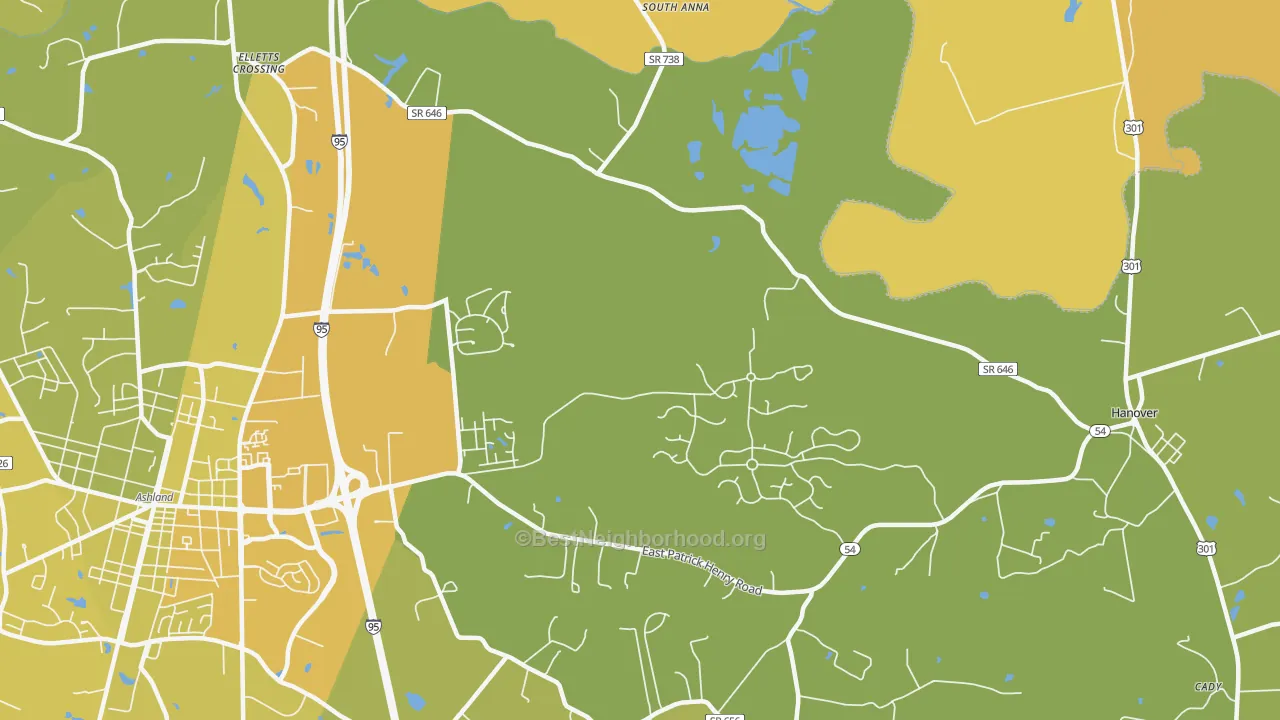 Map of the best neighborhoods in the Studley area, with better matches in green and worse matches in red