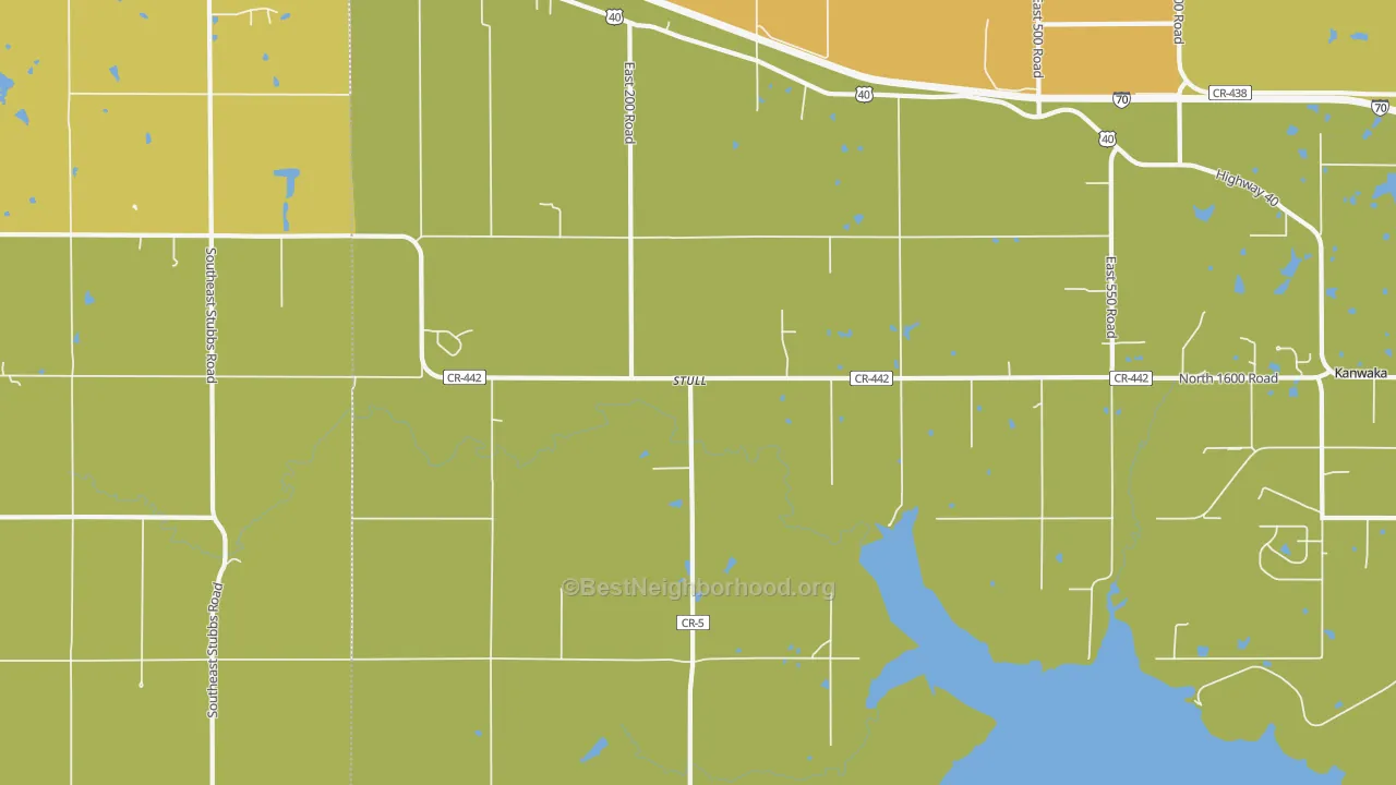 Map of the best neighborhoods in the Stull area, with better matches in green and worse matches in red