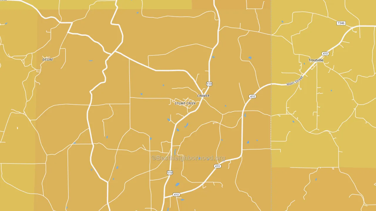 Map of the best neighborhoods in the Stump Creek area, with better matches in green and worse matches in red