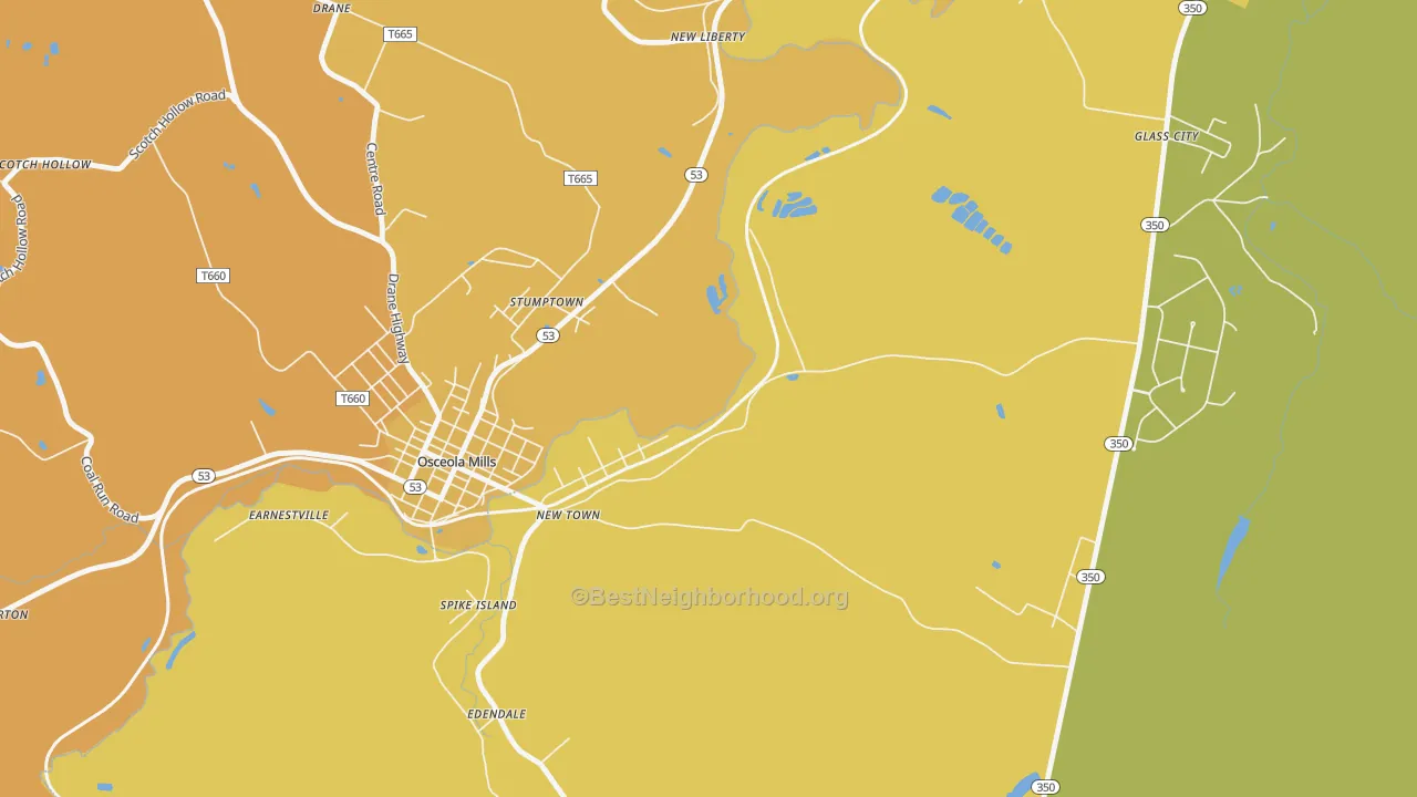 Map of the best neighborhoods in the Stumptown area, with better matches in green and worse matches in red