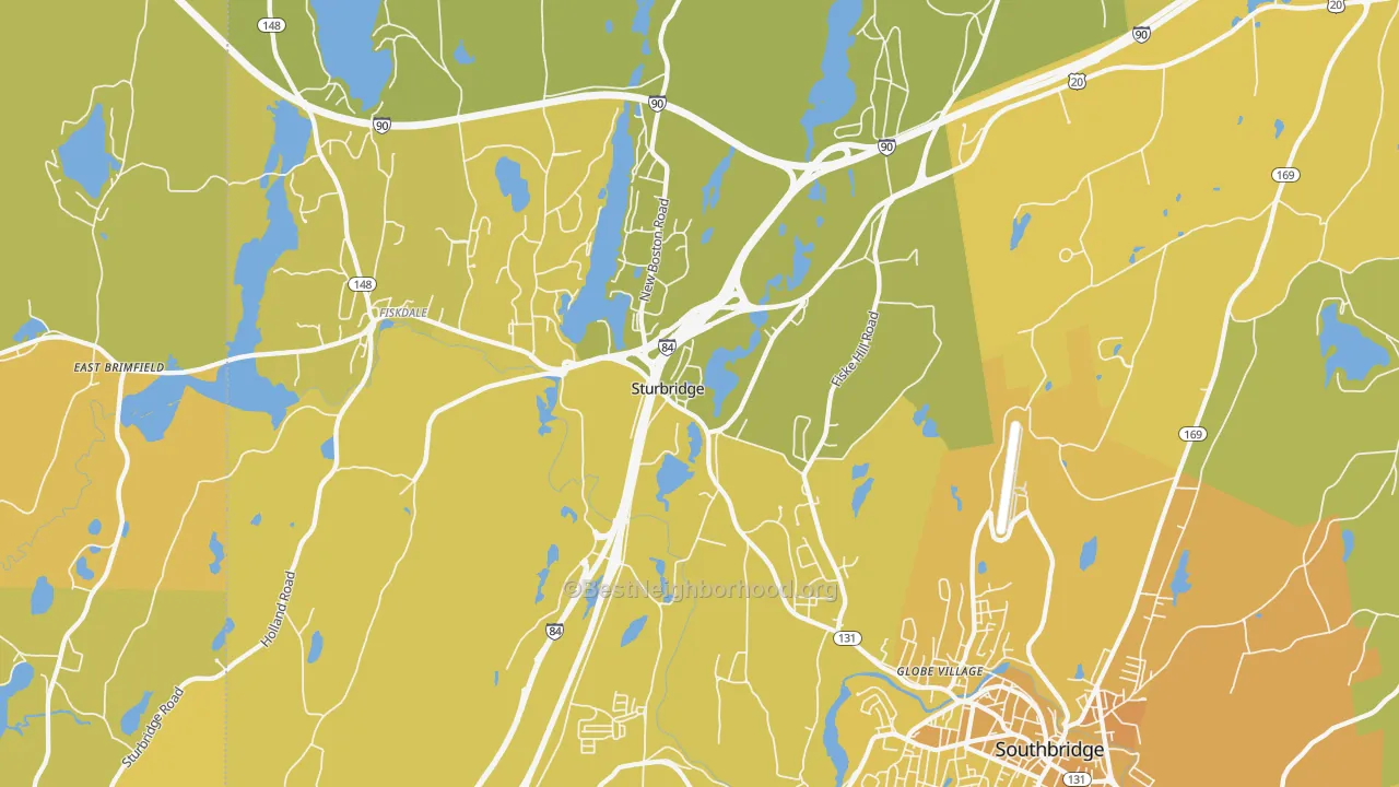 Map of the best neighborhoods in the Sturbridge area, with better matches in green and worse matches in red