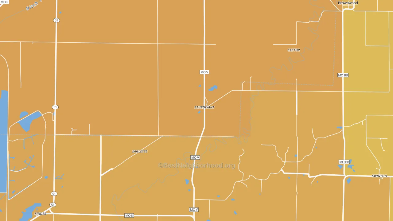 Map of the best neighborhoods in the Sturdivant area, with better matches in green and worse matches in red