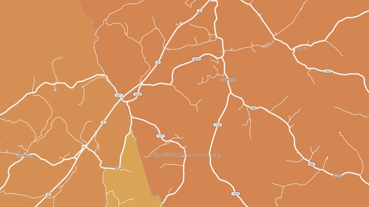 Map of the best neighborhoods in the Sturgeon area, with better matches in green and worse matches in red