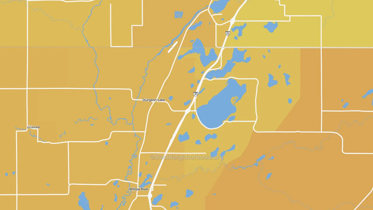 Map of the best neighborhoods in the Sturgeon Lake area, with better matches in green and worse matches in red