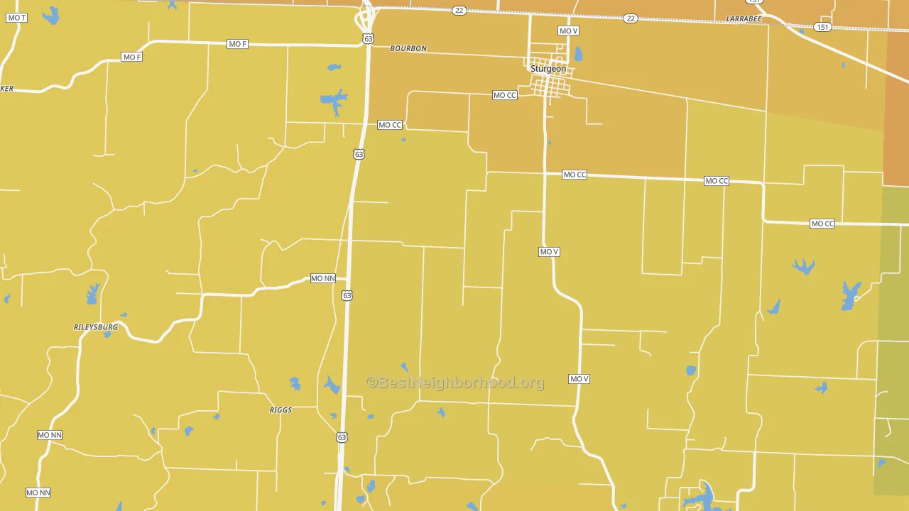 Map of the best neighborhoods in the Sturgeon area, with better matches in green and worse matches in red